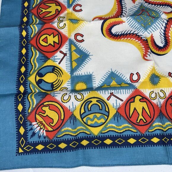 Vintage Native Bandana Southwestern Aztec Teal Square Handkerchief - Picture 2 of 4